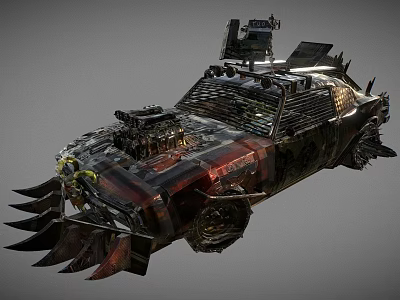 Apocalyptic Modified Battle Car With Spiked Front Roof Mounted Weapons And Metal Armor 3d model