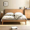 Wooden Double Bed Frame with Linen Sheets Throw Blanket Nightstand Lamp Dresser and Natural Light
