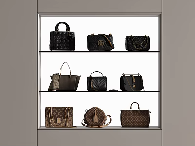 Fashionable Various Styles Bags In Black And Brown Displayed On Three Shelves 3d model