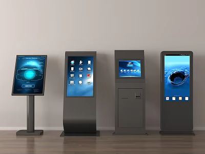 Various All in One Kiosks with Touch Screens in Modern Indoor Setting 3d model