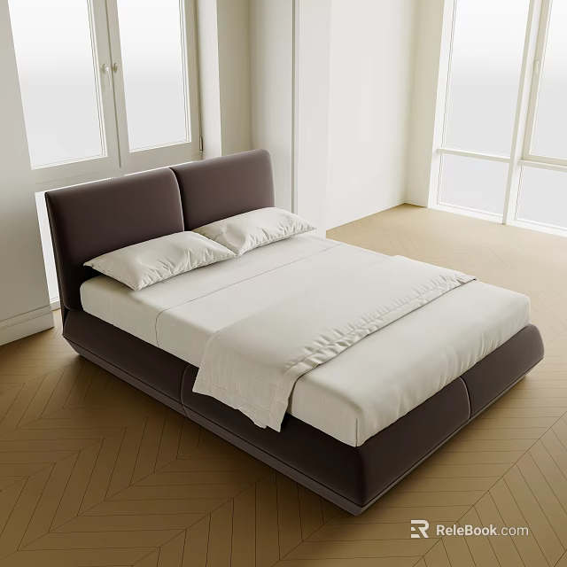 Modern Double Bed with Dark Brown Headboard White Sheets and Wooden Floor Near Windows 3d model 