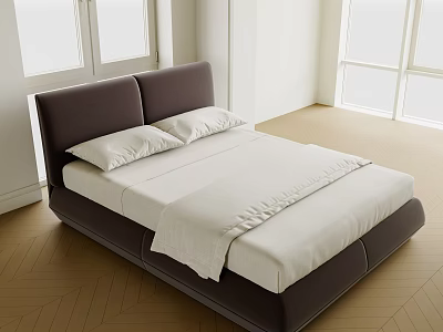 Modern Double Bed with Dark Brown Headboard White Sheets and Wooden Floor Near Windows 3d model