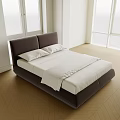 Modern Double Bed with Dark Brown Headboard White Sheets and Wooden Floor Near Windows