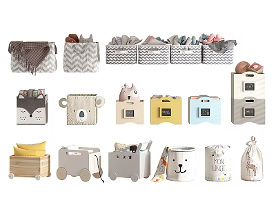 Adorable Kids Storage Baskets With Animal Designs Various Colors And Wheels For Home Organization 3d model