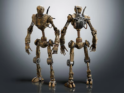 Two Standing Mechanical Robots With Vintage Metallic Design And Joints 3d model
