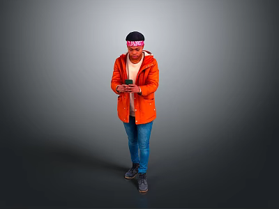 Man in Orange Jacket With Bandana Holding Phone Against Gray Background 3d model