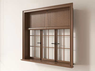 Brown Window Blinds Installed On Wooden Frame Window With Adjustable Slats 3d model