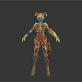 Futuristic Game and Movie Character With Red and Black Costume Jester Hat And Mechanical Armor