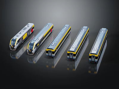 Various Modern Train Models With Yellow Stripes Silver Bodies And Distinctive Fronts 3d model