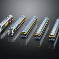 Various Modern Train Models With Yellow Stripes Silver Bodies And Distinctive Fronts 3d model