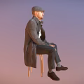 Man Sitting on Wooden Chair Wearing Gray Coat White Shirt Cap Against Pink Gradient Background