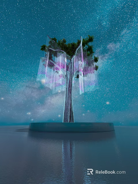 Illuminated Park Landscape With Transparent Structure Tree And Starry Sky Background 3d model