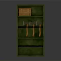 Multi Tiered Green Storage Shelf with Orange Wooden Box and Three Axes