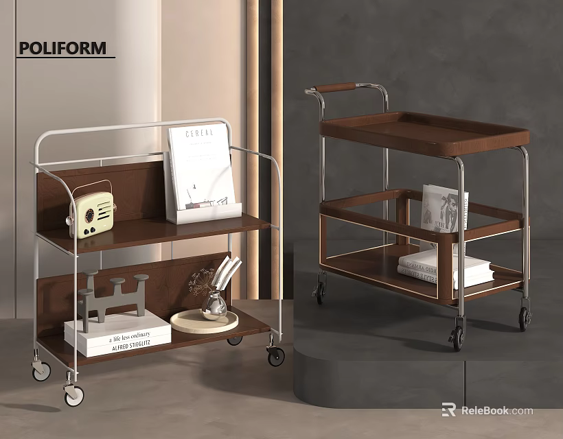 Modern Side Table With Rolling Wheels Metal Frame And Wooden Storage Shelves 3d model 