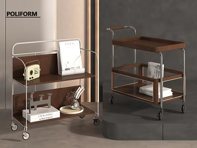 Modern Side Table With Rolling Wheels Metal Frame And Wooden Storage Shelves 3d model