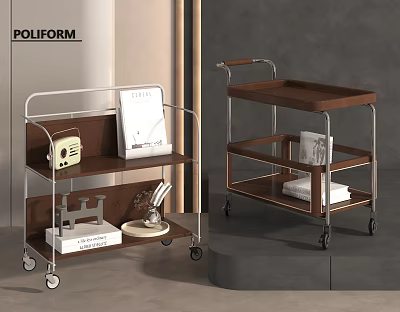 Modern Side Table With Rolling Wheels Metal Frame And Wooden Storage Shelves 3d model