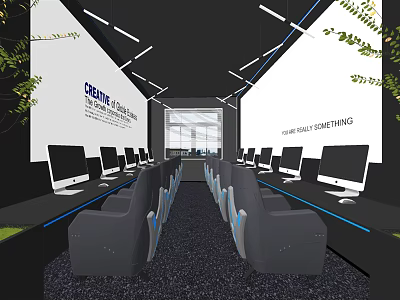 Modern Internet Cafe Interior With Computers Comfortable Seats Large Screens And Green Plants 3d model