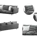 Modern Gray Three Seater Sofa with Patterned Pillows and Soft Fabric Upholstery 3d model