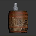 Wooden Barrel with Red Straps and Small White Patterned Vase as Decorative Household Items