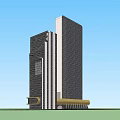 Modern High Rise Office Building With Glass Curtain Walls And Golden Base Design