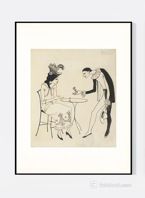Vintage Character Drawing Of Woman With Hat And Man Presenting Object At Table 3d model 