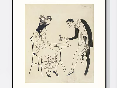 Vintage Character Drawing Of Woman With Hat And Man Presenting Object At Table 3d model