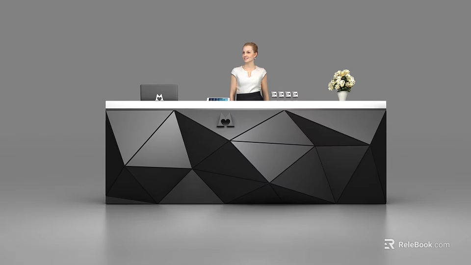 Geometric Black White Gray Reception Desk With Computer Flower Vase And Female Staff 3d model 