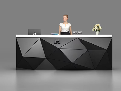 Geometric Black White Gray Reception Desk With Computer Flower Vase And Female Staff 3d model