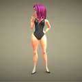 Animated Female Character With Purple Hair In Black Bodysuit And High Heels Standing Pose