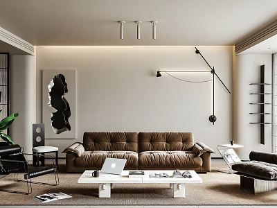 Modern Living Room Interior With Brown Sofa White Coffee Table Floor Lamp And Green Plant 3d model