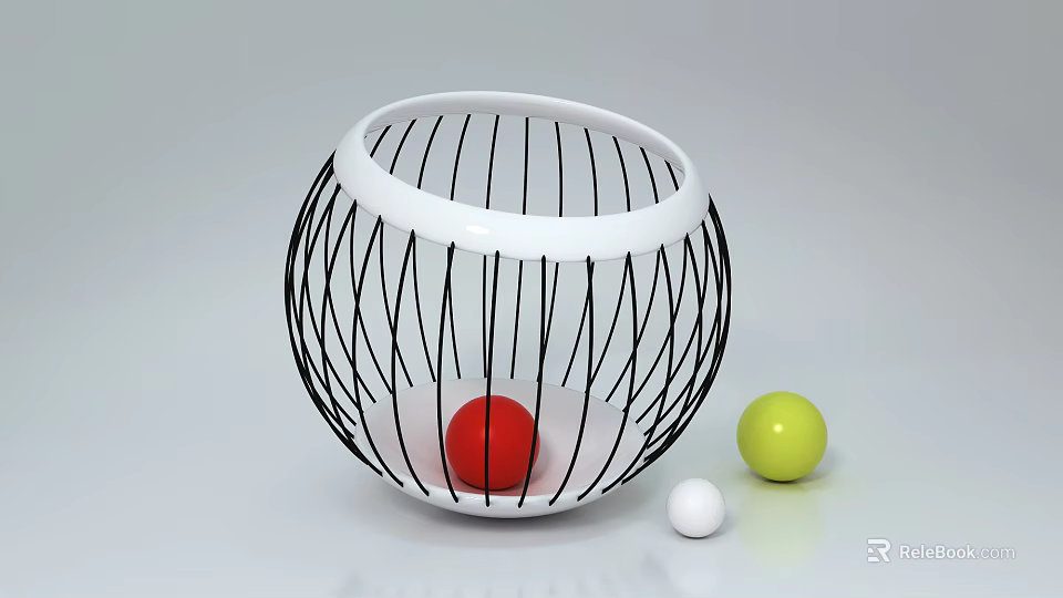 White And Black Spherical Wireframe Container With Red Yellow White Balls For Home Decor 3d model 