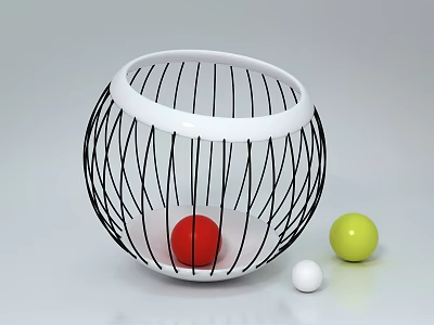 White And Black Spherical Wireframe Container With Red Yellow White Balls For Home Decor 3d model