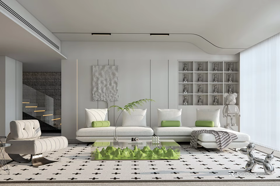 Modern Living Room Interior With White Sofa Green Cushions Glass Coffee Table And Geometric Rug 3d model 
