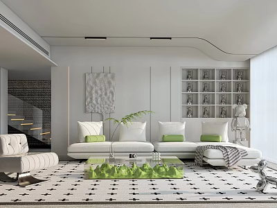 Modern Living Room Interior With White Sofa Green Cushions Glass Coffee Table And Geometric Rug 3d model
