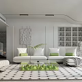 Modern Living Room Interior With White Sofa Green Cushions Glass Coffee Table And Geometric Rug
