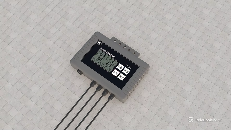 Building Control Module With Gray Casing Digital Display Screen Function Buttons And Connecting Cables 3d model 