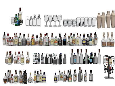 Assorted Wine Bottles And Glasses Collection For Home Bar Setup 3d model