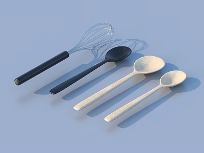 Utensil Set Including Whisk And Various Size Spoons With Black Handles On Light Blue Background 3d model
