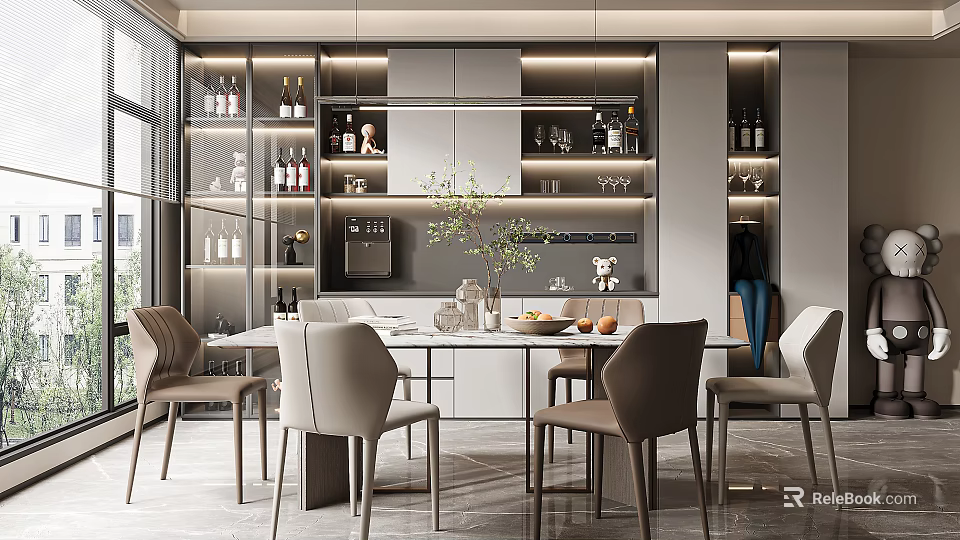 Modern Restaurant Open Concept Kitchen With Island Counter Dining Table And Chairs 3d model