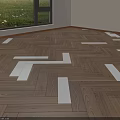 Herringbone Pattern Wooden Floor in Bright Interior with Natural Light and Green View