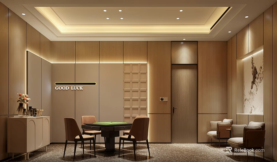 Modern Game Room With Mahjong Table Chairs And Warm Lighting 3d model 