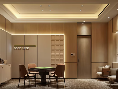 Modern Game Room With Mahjong Table Chairs And Warm Lighting 3d model