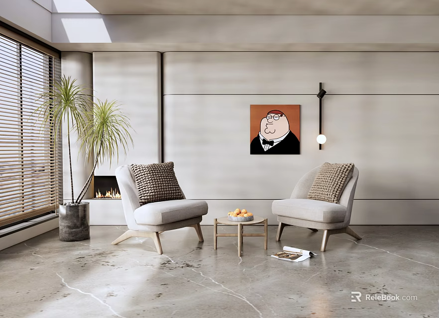 Cozy Casual Sofa Set With Two Single Seats Side Coffee Table Potted Plant And Wall Art 3d model 