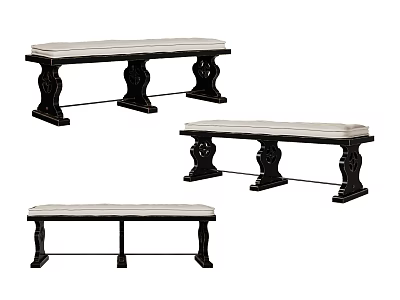 Three Upholstered Benches With White Cushion And Black Wooden Legs For Home Decor 3d model