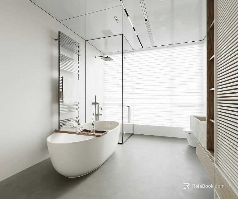 Modern Bathroom Interior With White Bathtub Glass Shower Window Blinds And Wooden Elements 3d model 