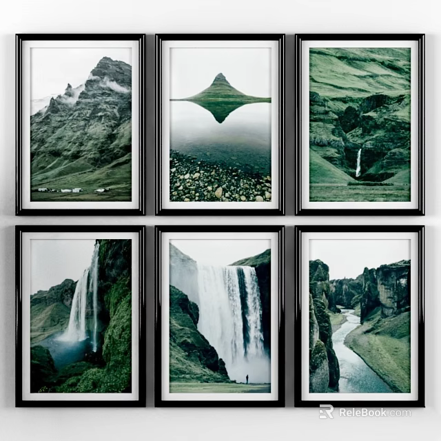 Stylish Photo Frames With Mountain Reflection Waterfall River And Nature Scenery 3d model