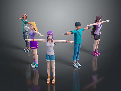 Six Game Movie Cartoon Characters With Different Hairstyles Various Outfits Standing Arms Outstretched 3d model