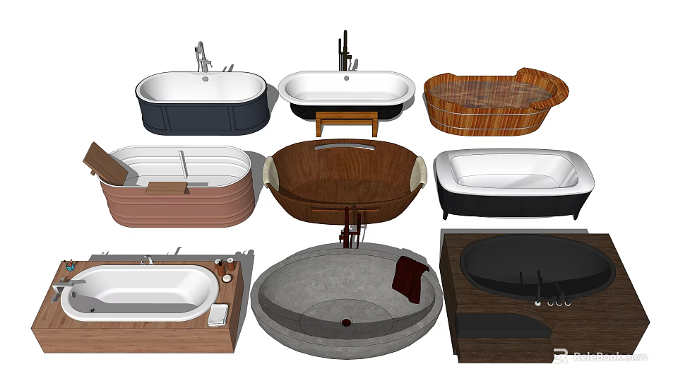 Modern Bathtubs Design Collection With Wooden Marble Concrete And Various Shapes 3d model 