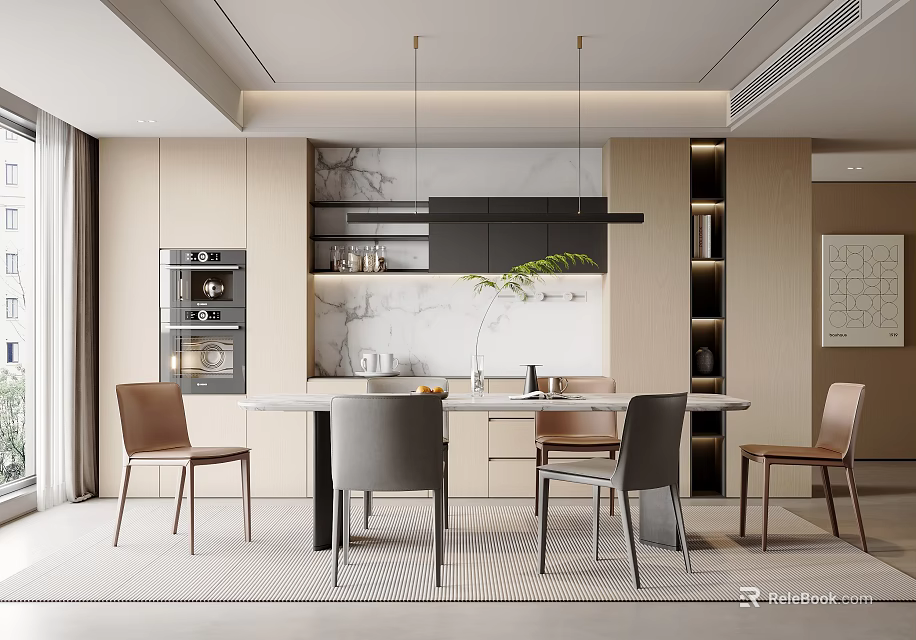 Modern Dining Room Interior With Rectangular Table Leather Chairs And Pendant Lights 3d model