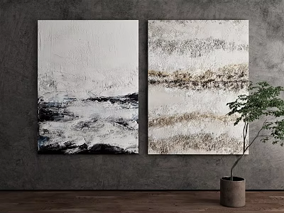 Abstract Textured Two Piece Paintings On Gray Wall With Green Plant For Indoor Decor 3d model
